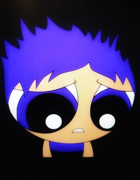 woolenmitten's cartoon avatar: wide dark eyes under a spiky violet fringe